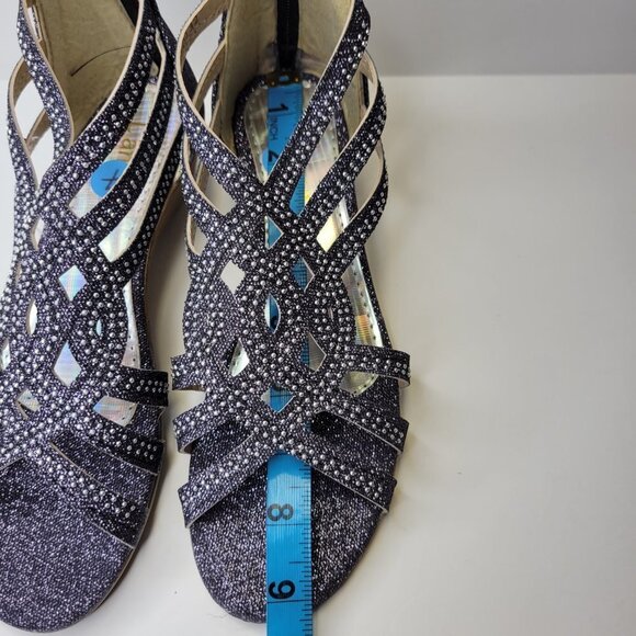 SIZE 7 Silver Glitter Grey Tone Wedge Sandals Low Heels Flats Open Toe NEW - Picture 4 of 12